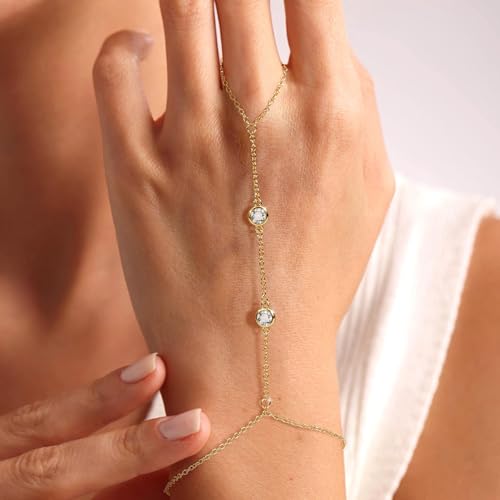 BAYLAY Hand Chain Bracelet, 14K Gold Plated Ring Bracelet Hand Chain Dainty Gold Bracelet for Women Trendy Finger Ring Slave Bracelets Hand Jewelry for Women Summer Beach Boho Gifts Trendy Stuff - color: 2CZ-7mm