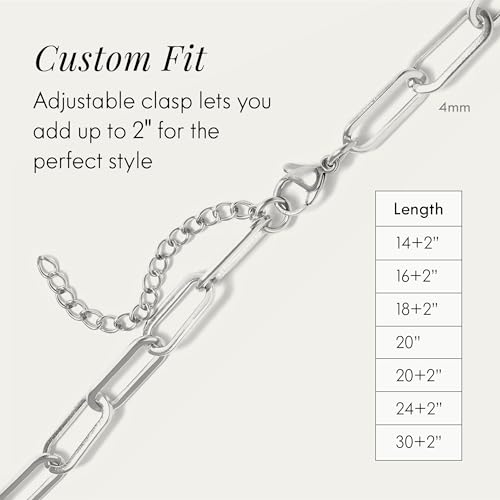 Destin Jewelry Paperclip Chain Necklace for Women, Waterproof 18K Gold Plated Stainless Steel, Hypoallergenic, Adjustable Layering Chain, Tarnish-Resistant, 2.5–6.5mm - color: Stainless Steel, size: 24"+ 2", style: 4 MM