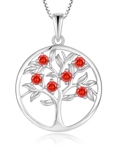 Tree of Life Necklace for Women - Solid 925 Sterling Silver 18K White Gold Plated Birthstone Pendant Jewelry - color: 01-Jan_Garnet
