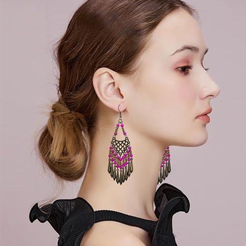 Handmade Vintage Bronze Bohemian Long Tassel Colorful Bead Dangle Drop Earrings Big Tribal Chandelier Geometry Hook Earrings for Women Statement Jewelry Gifts - color: Rose purple