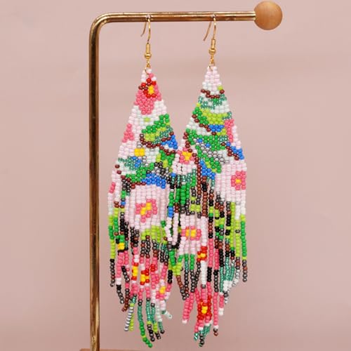Flower Black Beaded Long Tassel Western Native American Earrings For Women Dangling - color: green