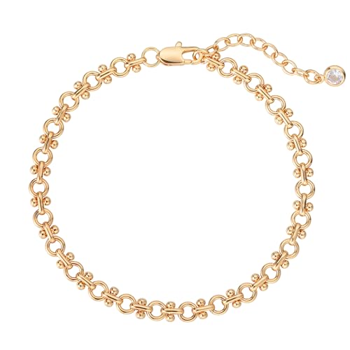 Dremmy Studios Gold Bracelet for Women 18K Gold Plated Dainty Paperclip Cubic Zirconia Disc Coin Star Cable Satellite Bead Pearl Simple Boho Minimalist Stacking Layered Link Jewelry Gift - color: Circles Chain
