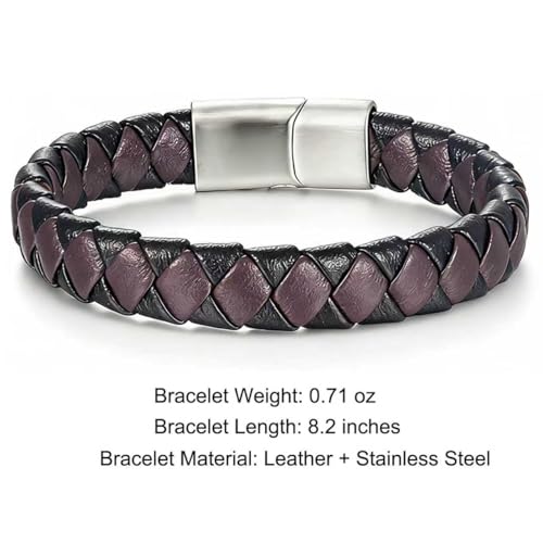 Men's Leather Bracelet, Stackable Stainless Steel Clasp Bracelets for Men Stylish Birthday, Thanksgiving, Valentine's Day Gift for My Man - style: 8.2" Long 10MM Wide Dark Purple Woven