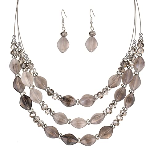 3 Layered Chunky Statement Necklace for Women Beaded Strand Necklaces with Earring Fashion Costumes Collar Necklace Jewelry Sets Gifts for Women - color: Grey