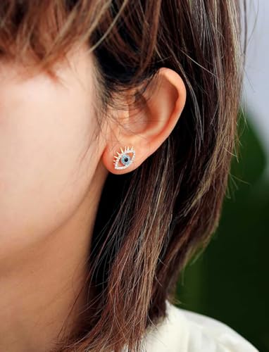 18K Gold Love Knot Stud Earrings for Women Statement Button Pearl Stud Earrings Minimalist Cute Small Post Earring - color: 9.Evil eye