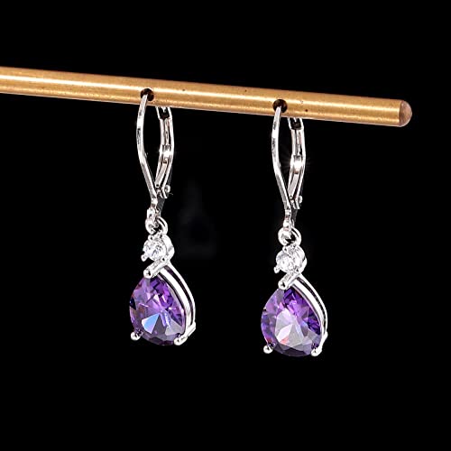CiNily Teardrop Leverback Dangle Earrings for Women Hypoallergenic 14K Gold Plated Cubic Zircon Drop Earrings Fashion Crystal Earrings for Girls Jewelry Christmas Gifts - color: White Gold-Purple CZ