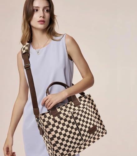 Large Canvas Tote Bag for Women Work Tote Bags with Pockets Laptop Crossbody Purses Everyday Bag Handbags for Travel - color: New Upgrade Plus Brown Checkerboard