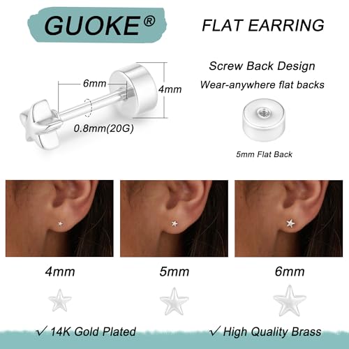 3 Pair Tiny Flat Back Earrings for Women - 14K Gold/White Gold Plated Dainty Cute Small Screw Flatback Stud Earring, Everyday Wear Gift - color: Star Flat-4/5/6mm Silver