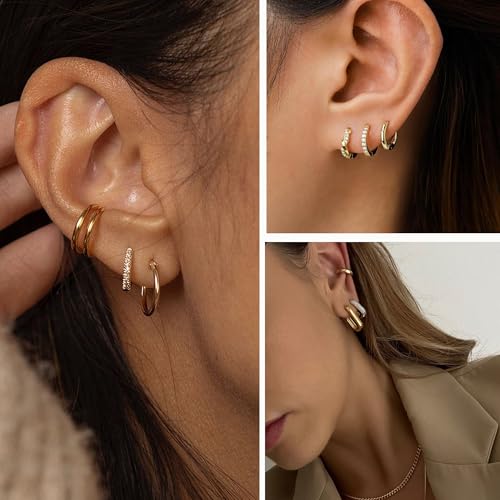 9 Pairs Small Gold/Silver Hoop Huggie Earrings Set for Women, 14K Gold Plated Chunky Hoop Small Earring Hypoallergenic Thick Open Lightweight Chunky Hoop Earrings Jewelry for Gifts - color: gold-standard