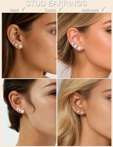 75 Pairs Gold Stud Earrings Set for Women, Trendy Hypoallergenic Pearl Cubic Zirconia Multiple Piercings Earrings Packs, Stud Hoops Earrings for Gift Jewelry - color: silver stud