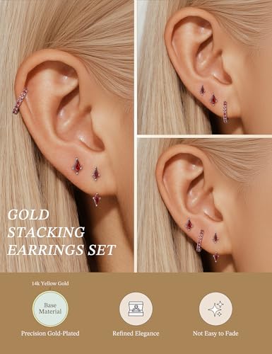 GEORGE · SMITH Stackable Kite Stud Earrings Set for Women, Gold & Silver Huggie Birthstone Jewelry with Emerald Green & Blue Sapphire, Trendy Earrings for Women 2025 - color: Silver,Red CZ