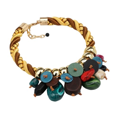 Chunky Statement Wood Pendant Necklace for Women Rope Braided Colorful Resin Stone Tribal Ethnic Bold Boho Fashion Jewelry - color: N1539-colorful