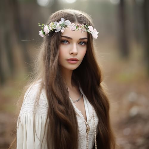 Vivivalue Pearl Flower Crown Floral Garland Headband Flower Halo Headpiece Hair Wreath Boho with Ribbon Party Wedding Festival Photos Pink - color: I