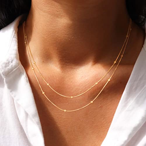 CHESKY 14k Gold Plated/Silver Plated Dainty Necklace for Women, Trendy Satellite Choker Necklace Thin Beaded Layered Choker Necklaces Discs Paperclip Chain Necklaces Womens Simple Jewelry - style: 2layerSatellite-GD