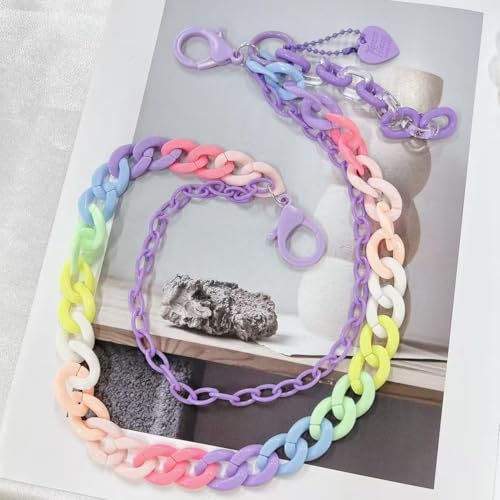Y2k Heart Pendant Rainbow Acrylic Pants Trousers Chain for Women Chunky Colorful Resin Removable Love Charm Layered Rock Wallet Belt Pocket Waist Jeans Belly Chains Backpack Body Accessories - color: Purple