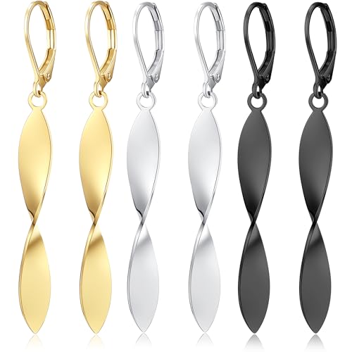 Twisted Leaf Spiral Leverback Hypoallergenic Earrings For Women -18K Gold Plated And Silver Dangle Drop Earrings, Trendy Jewelry Gift - color: SILVER&BLACK&GOLD