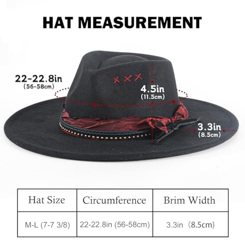 Womens Boho Fedora Hat Wide Brim Fedora Mens Handmade Flat Brim Hats - color: Blackred