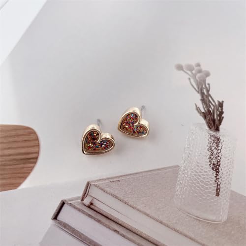 Cute Glitter Heart Love Small Stud Earrings for Women Dainty Gold-tone Colorful Hearted Shaped Studs Hypoallergenic Ears Fashion Jewelry Birthday for Her