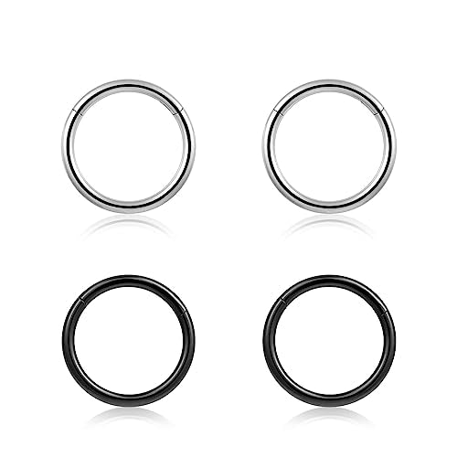4Pcs 16G 18G 20G Surgical-Steel-Piercing-Ring-Nose-Rings-Hinged-Hoop-Earrings,6mm 8mm 10mm 12mm Seamless Stainless Steel Clicker Eyebrow Septum Piercing Hoop,Sliver Black Gold Rose Gold Rainbow Body Jewelry Set - color: 18G 8mm Silver & Black