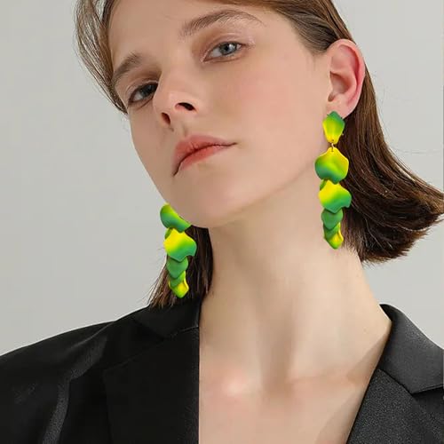 Long Acrylic Rose Petal Earrings Dangle Exaggerated Flower Earrings Drop Statement Floral Tassel Earrings for Women - color: Neon Green + Yellow