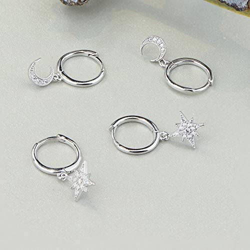 MILACOLATO 925 Sterling Silver Hoop Earrings for Women 18K Gold/Rhodium Plated Drop Dangle Hoop Earrings with Charms Cross Spike Moon Star Paperclip Link Statement Earrings Convertible Link Huggie Earrings Hypoallergenic - color: Silver Tone : 1Pairs CZ S