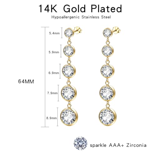 Women's Long Sparkly Dangle Earrings Hypoallergenic Stainless Steel 14K Gold Plated Lightweight CZ Statement Studs - color: Gold