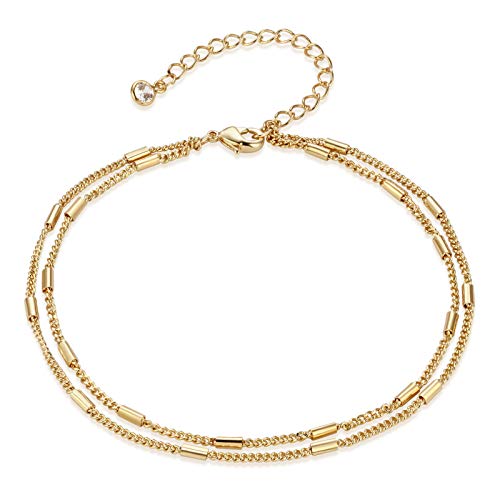 LOYATA Dainty Ankle Bracelet,14K Gold Plated Tiny Bead Anklet Dainty White Cubic Zirconia Cross Tassel Foot Chain Cute Lucky Moon Evil Eye Foot Jewelry Boho Anklets for Women - color: B double chain