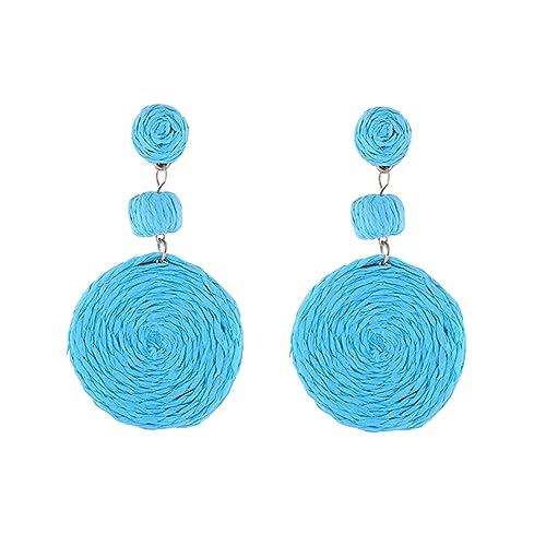 Boho Raffia Ball Earrings for Women, Handmade Statement Drop Earrings Straw Dangle Earrings Beach Vacation Jewelry - color: Sky blue