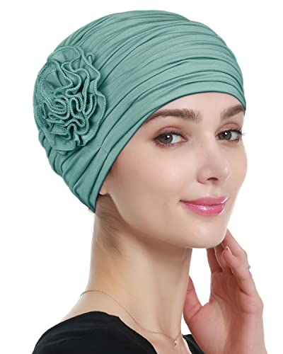 Alnorm Flower Design Chemo Hair Loss Caps Cancer Headwear for Women - color: Grass Green