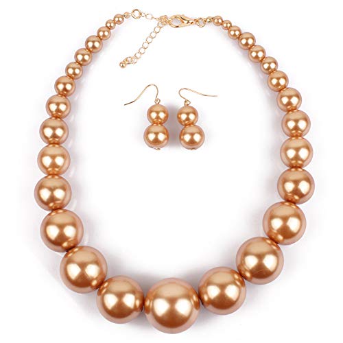 Fuqimanman2020 Chunky Large Simulated Pearl Choker Necklace Drop Dangle Earrings Crystal Bib Big Round Beaded Strand Multicolor Costume Statement Wedding Jewelry Set for Women Brides - color: Champagne