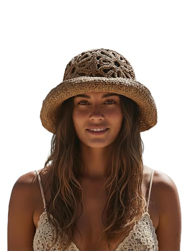Handmade Women's Crochet Straw Bucket Hat Packable Daisy Beach Cap | Adjustable Inner Drawstring, Airy Lightweight Paper Fiber, Face Shade, Easy Storage, Feminine Openwork Floral Style - color: Brown