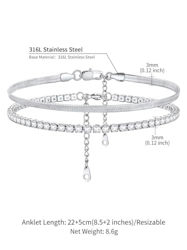ChainsHouse Ankle Bracelets for Women, Stainless Steel Chain Anklets Waterproof, Women Summer Beach Jewelry Gift, Come with Box - color: 05. 2pcs-(3mm)-CZ Snake-Steel