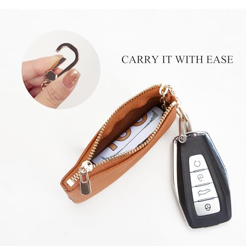 Full Grain Leather Coin Purse with Key Chain - Small Change Purse Keychain Card Holder Keychain Pouch Small Keychain Wallet for Women and Men (Brown) - color: Brown, Regular Size