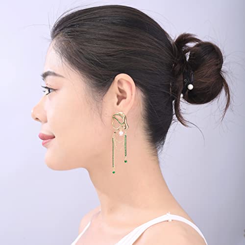 Unique Abstract Face Art | Dangle Statement Long Earrings for Women | Rhinestone Tassel Handmade Chandelier Earrings - color: Golden green diamond