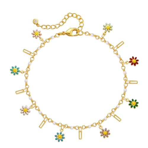 Yumikoo 18k Gold Plated Anklet Ankle Bracelets for Women - style: Colorful Flowers Square Rings