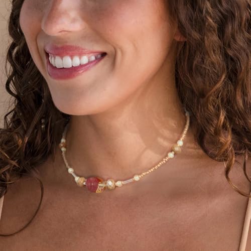 Beaded Necklaces for Women Summer Beach Beaded Necklace Bead Choker Boho Necklaces for Women Handmade Summer Jewelry Stainless Steel 18K Gold Plated - color: Beige