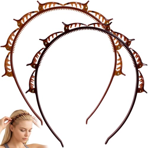 2 Pcs Headband with Clips, 90s Butterfly Hair Clips Headband with Teeth for Women, Braided Weave Bangs Non-Slip Clip Headbands Hair Accessories for Styling Decoration- Light Brown, Dark Brown - color: 1 pcs Light Brown, 1 pcs Dark Brown