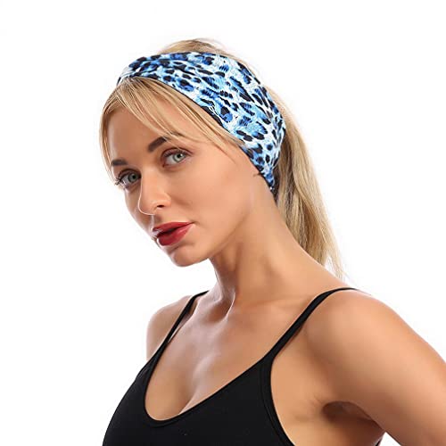 Woration Headband Yoga Leopard Print Cross Wide Elastic Headwear Head Wrap Hairband Twist Turban Knot Headwear Hair Accessories for Women, Girls - Blue - color: Leopard C