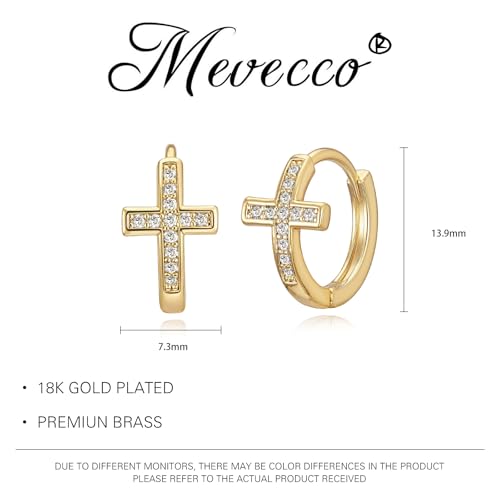 MEVECCO Cross Hoop Earrings 14K Gold Plated Dainty Minimalist Simple Small Faith Cross Huggie Earrings For Women Symbol of Protection Faith Jewelry Gift - style: White-Cross