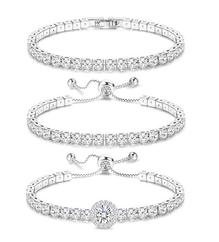 YADOCA Tennis Bracelets For Women - Silver Plated Bracelet Stack Cubic Zirconia CZ Diamond Adjustable Stackable Bracelets Set For Prom Wedding Jewelry Gift 3Pcs - style: C:Round CZ-1