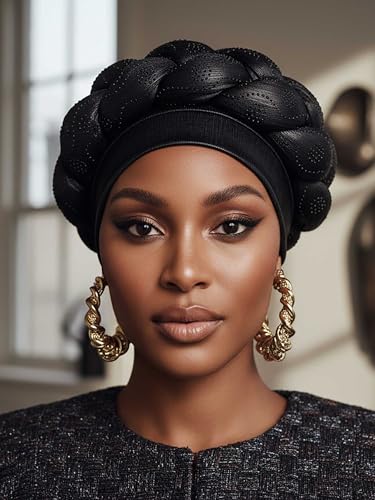 Woeoe African Headwrap Gold Braided Turbans for Women - color: Black