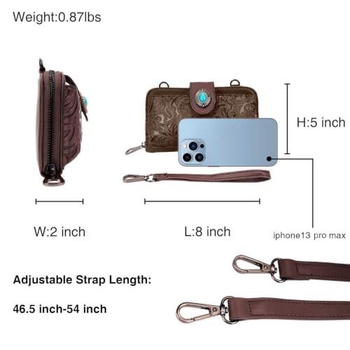LAVAWA Women's Crossbody Handbag Small Vintage, Ladies Wallet Western Adjustable Phone Purse Clutch Turquoise Concho Embossed - color: Coffee