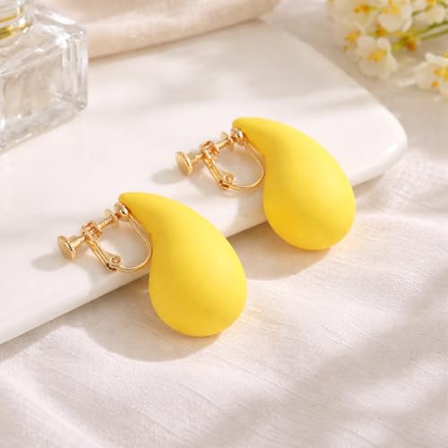 14K Gold Clip On Earrings Women,Teardrop Chunky Detachable Hoop Clip-On Earrings for Non Pierced Ears Hypoallergenic Lightweight Earring Clips - color: Yellow