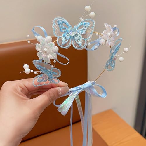 Artificial Flower Crown Headband for Women Girls – Boho Floral Wreath Halo for Weddings, Photoshoots, Festivals, Birthdays, and Costume Parties (Blue Butterfly White Flower, Adjustable) - color: Blue Butterfly White Flower