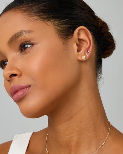 PAVOI 14K Gold Plated Dainty Flat Back Earrings for Women - Hypoallergenic Sterling Silver Posts Helix Cartilage Piercing Jewelry - Emoji Motif Bow Celestial Flatback Gold Stud Earrings Screw Back - style: Bow & Pearl Trio Set
