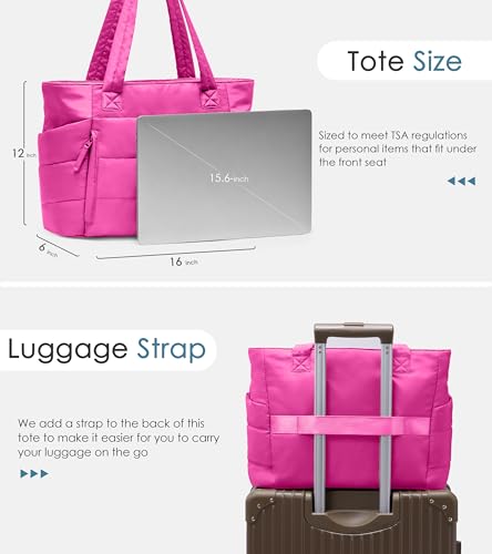 Tote Bag for Women with Zipper, Quilted Puffer Tote Bag with Compartments, Lightweight Puffy Work Bags for Women Travel - color: Raspberry Pink