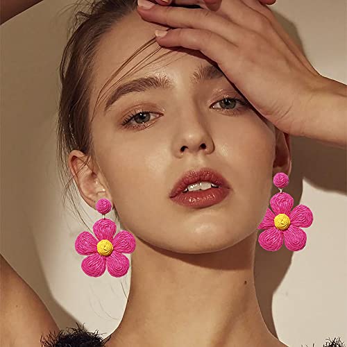 Rattan Earrings for Women Statement Boho Raffia Straw Wrapped Flower Drop Dangle Earrings Summer Tropical Beach Jewelry - color: Hot Pink