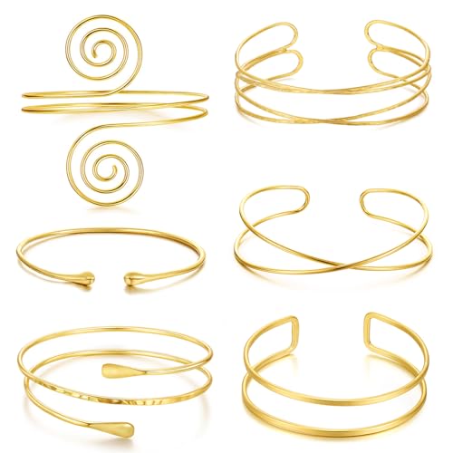 BROCC 6pcs Gold Arm Cuff Bracelet Set for Women Adjustable Coil Swirl Upper Cuff Bracelet Jewelry - color: A