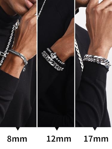 ChainsHouse Stainless Steel Cuban Link Bracelet, 8mm/12mm/17mm Width, 7.5"/8.3"/9", 18K Gold Plated Chain Wrist Bracelets for Men Women, Send Gift Box - color: R: Steel-17mm width-custom