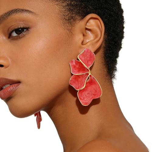 Chunky Earrings Big Statement Earrings for Women Trendy Large Floral Ginkgo Leaf Flower Earring Irregular Long Drop Dangle Earrings Chunky Jewelry - style: 1 - Red